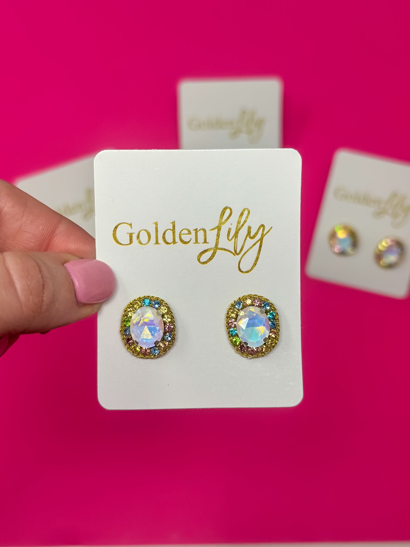 Statement Stud Earrings - Iridescent Opal with Multi Stones