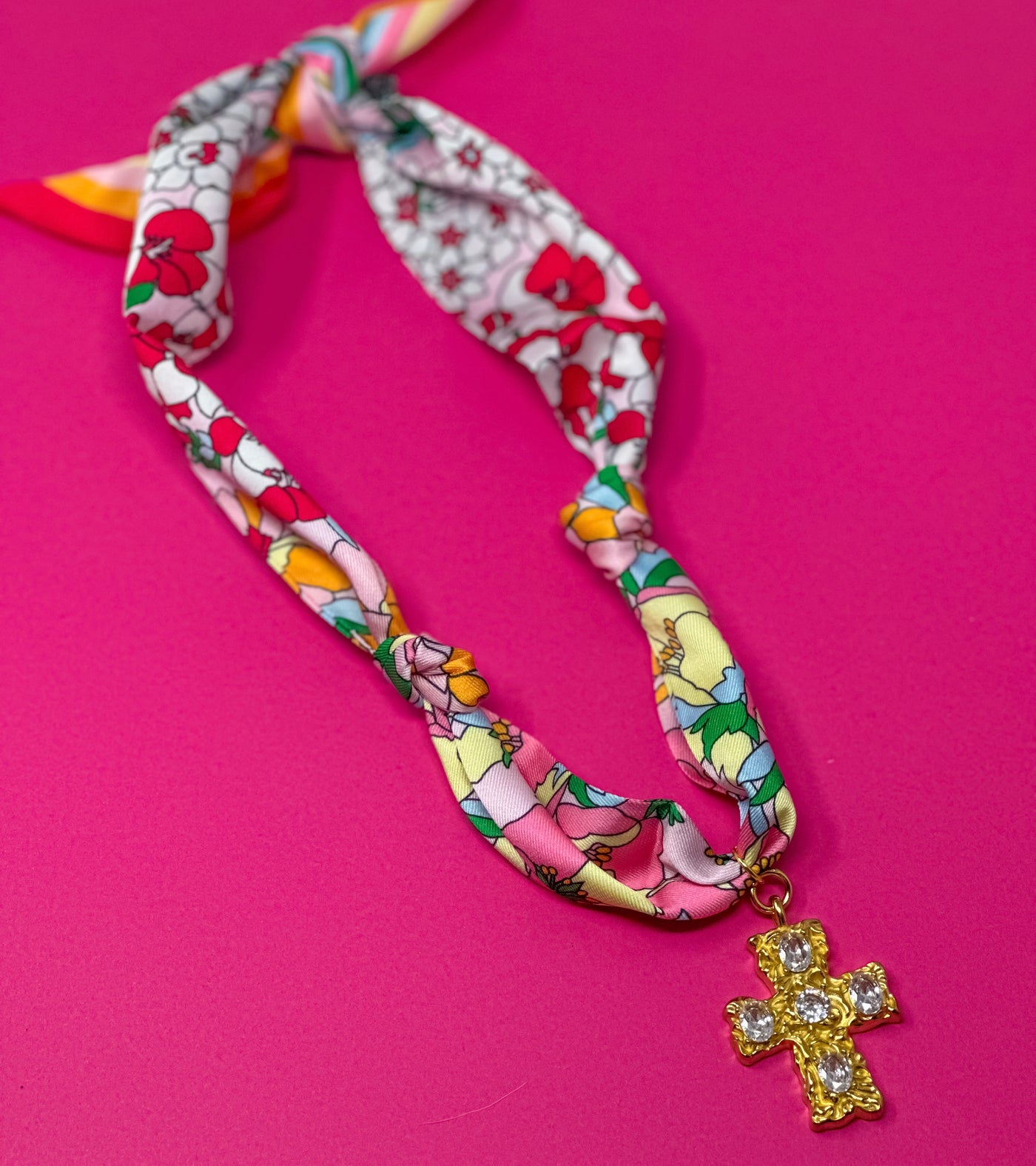 Scarf Charm Necklace - Multi Pink with Rhinestone Cross