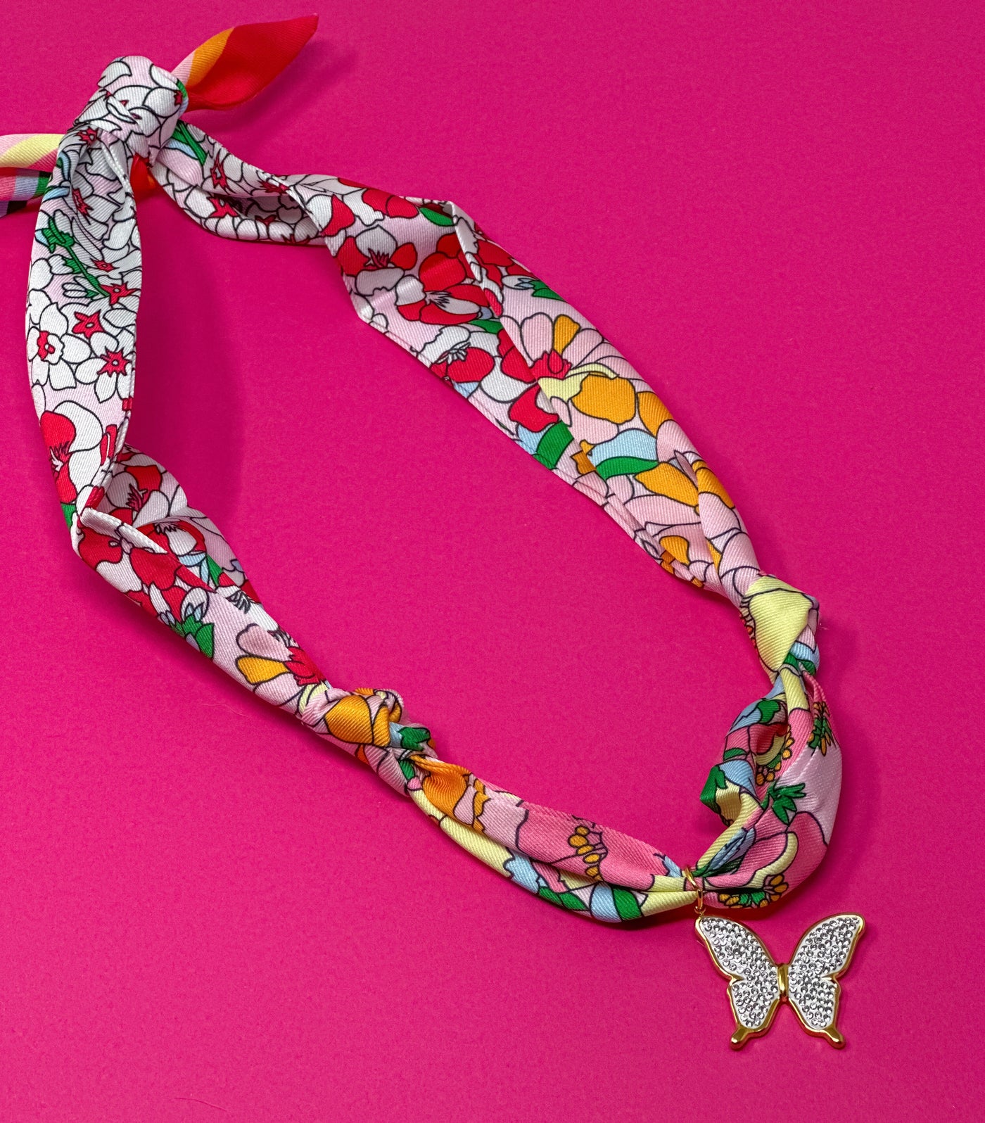 Scarf Charm Necklace -Pink Multi with Rhinestone Butterfly