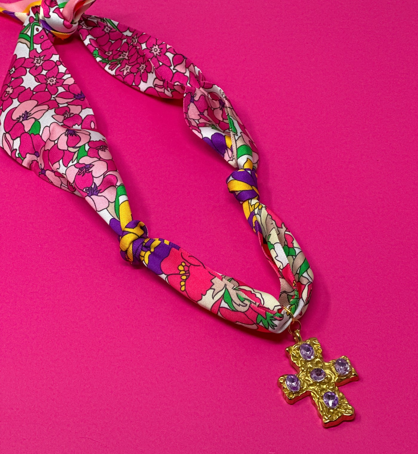 Scarf Charm Necklace - Pink Scarf Necklace with Purple Rhinestone Cross