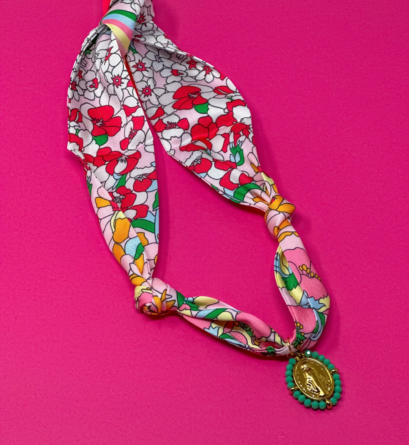 Scarf Charm Necklace - Pink Multi Flower with Mary Pendant with Turquoise