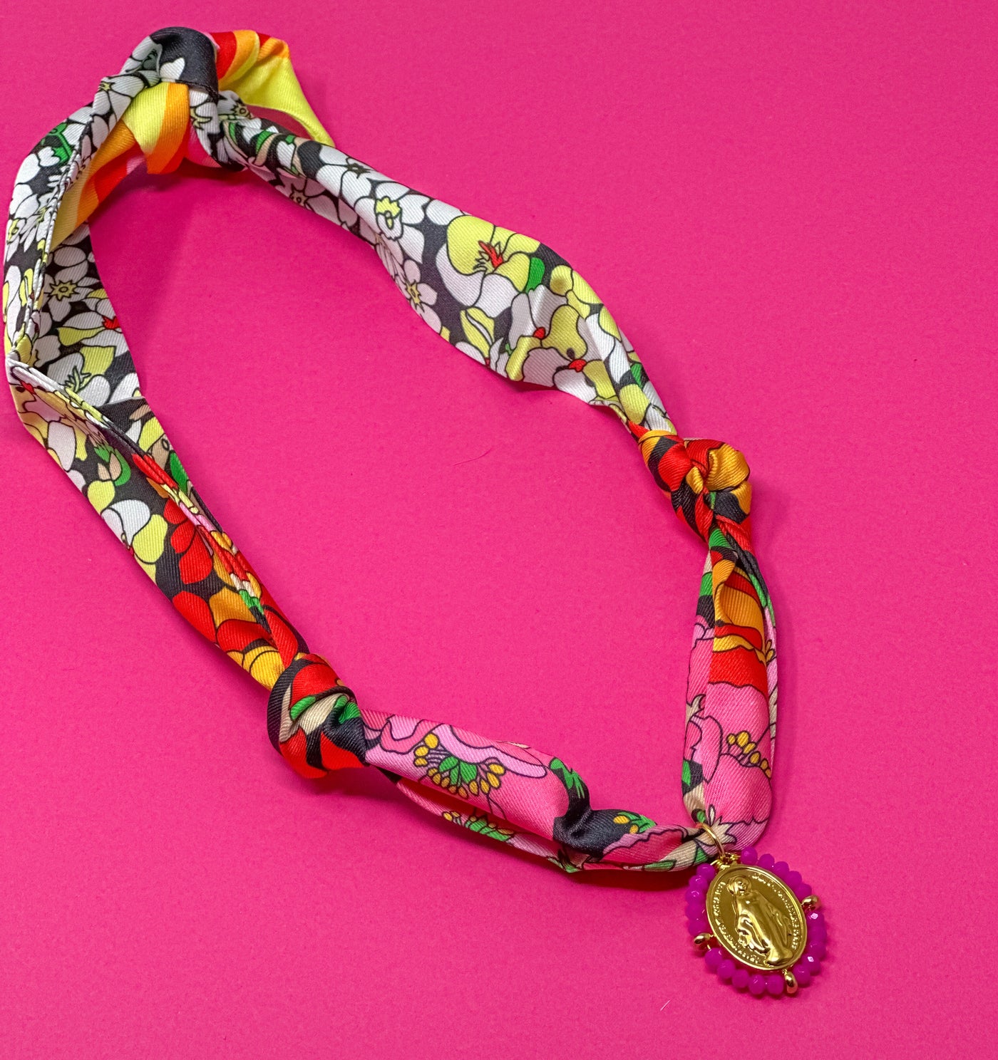 Scarf Charm Necklace - Pink Multi Flower with Mary Pendant with Pink Beads