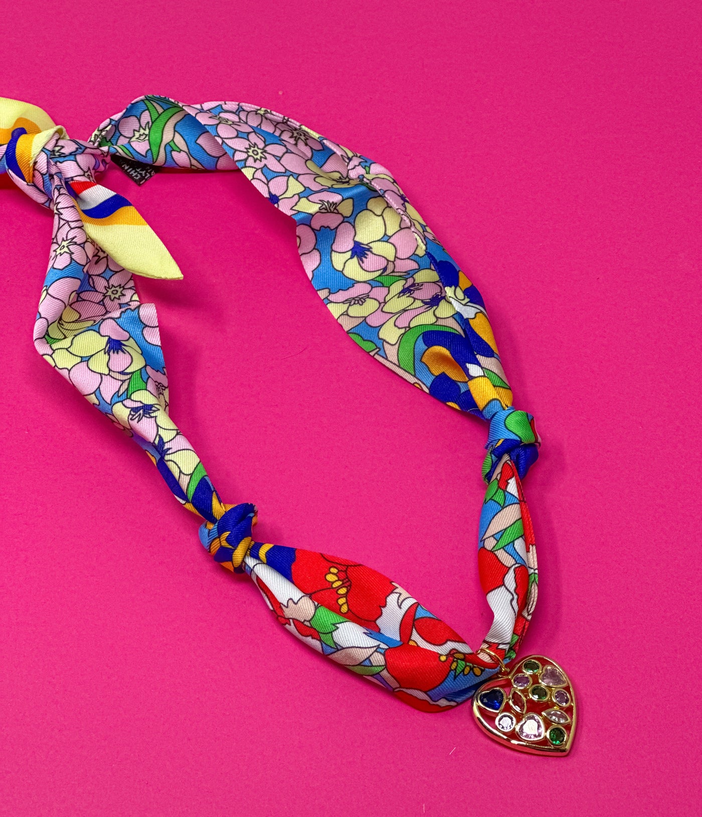 Scarf Charm Necklace - Blue Multi Flower with Multi Rhinestone Heart