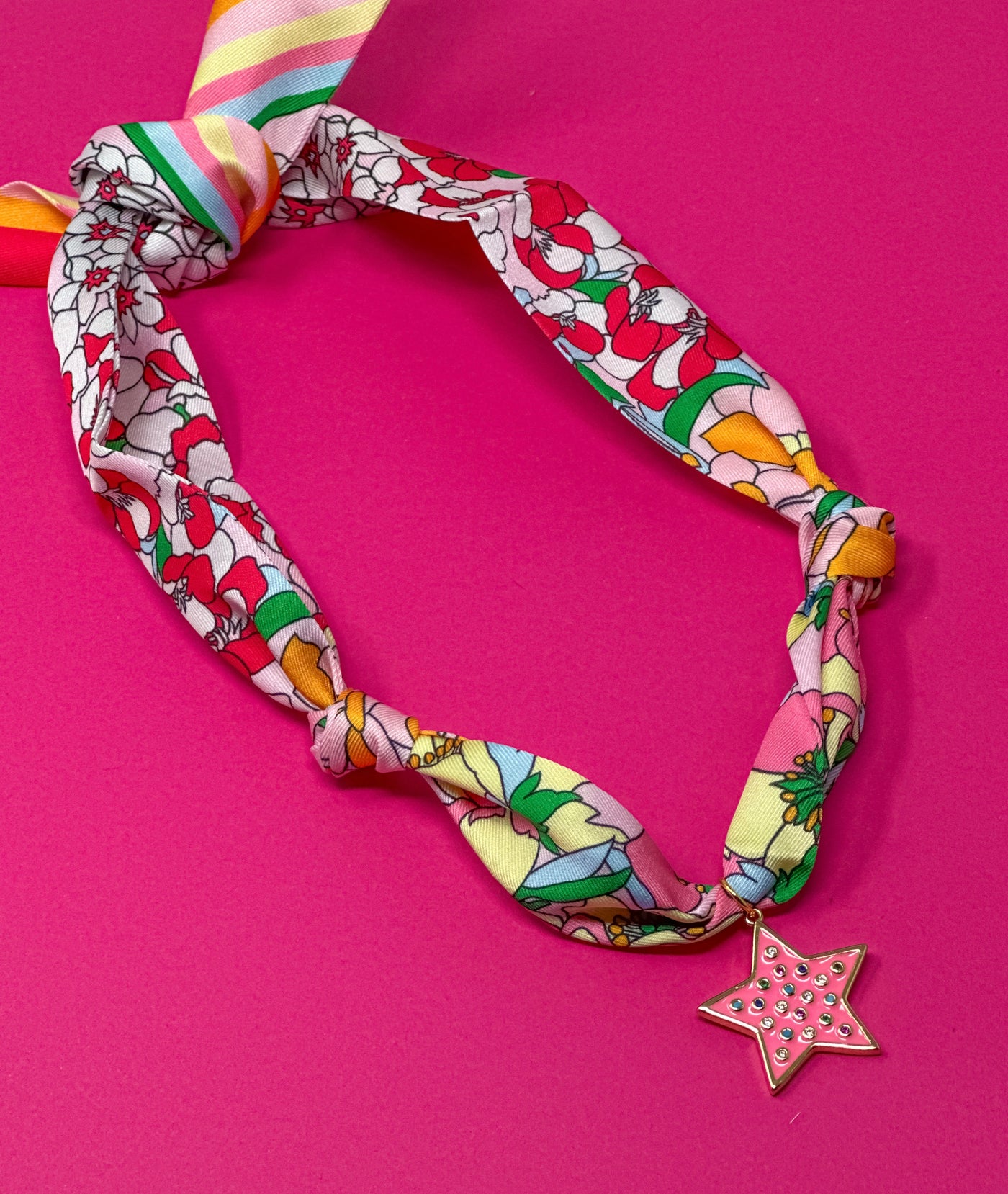 Scarf Charm Necklace - Pink Multi Flowers with Pink Star