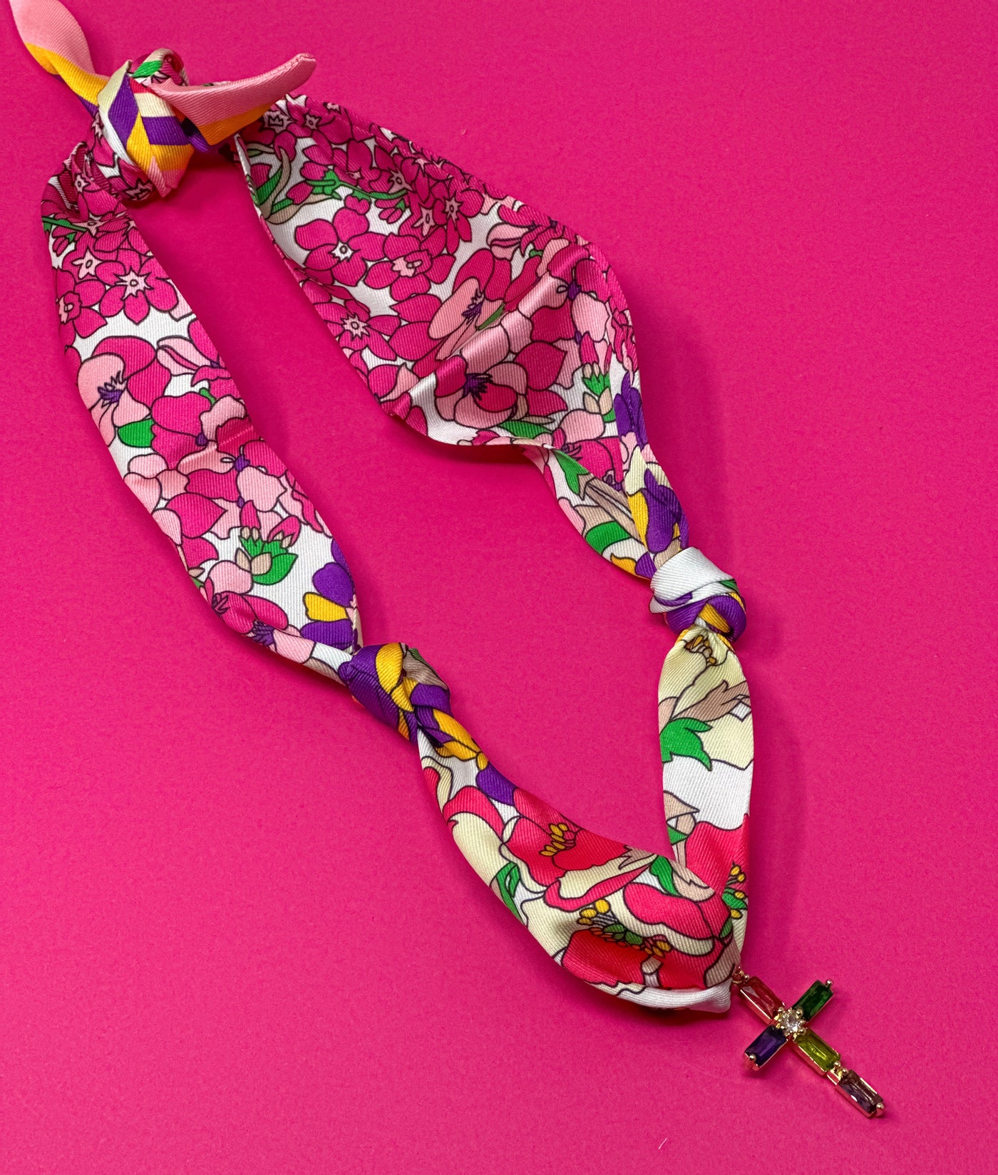 Scarf Charm Necklace - Pink and Purple Multi Flowers with Rhinestone Cross