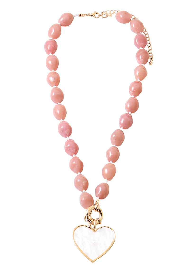 Large Heart and Marble Stone Beaded Necklace 