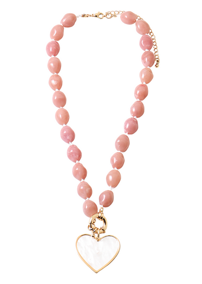 Large Heart and Marble Stone Beaded Necklace 