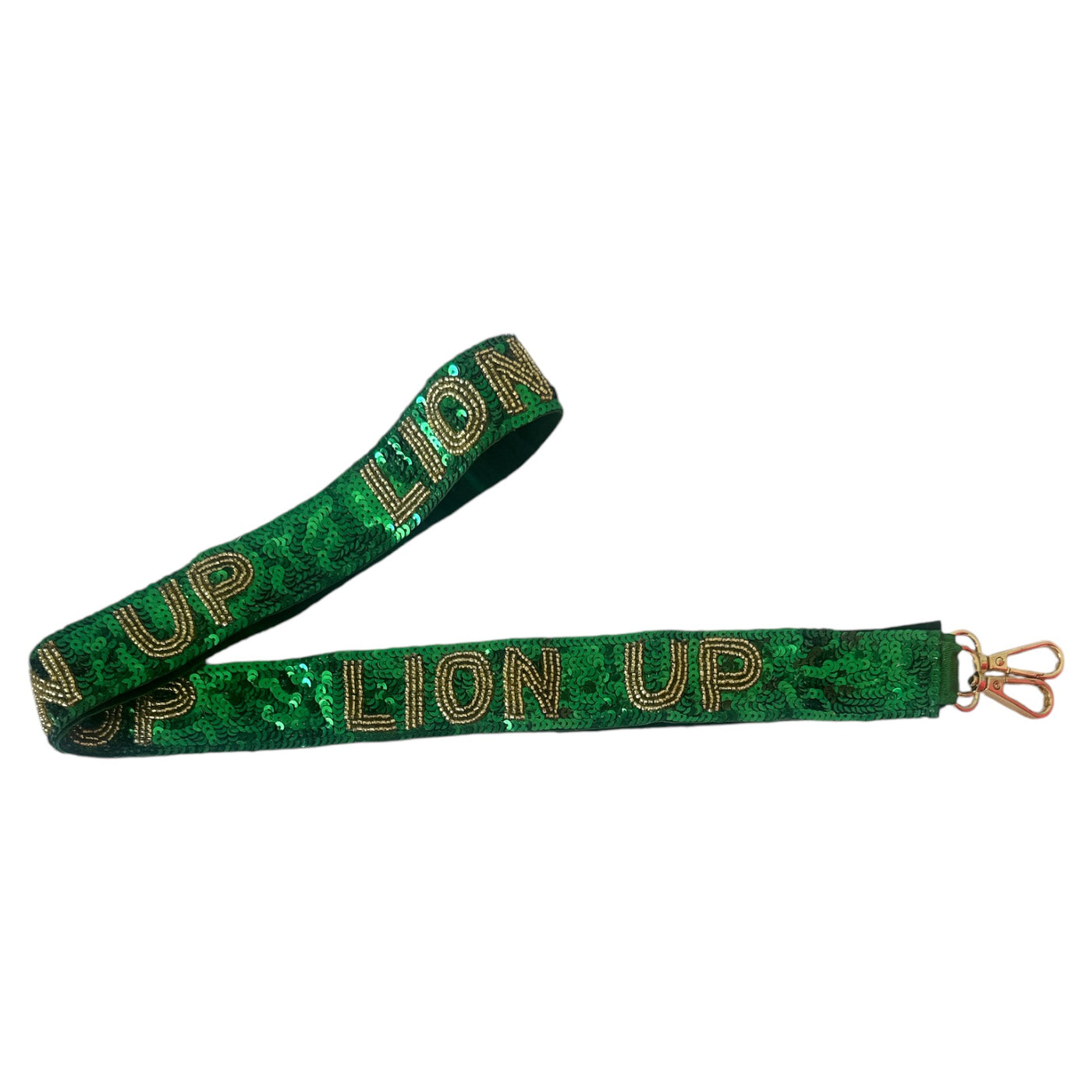 Sequin Strap - Lion Up - Green with Gold Letters