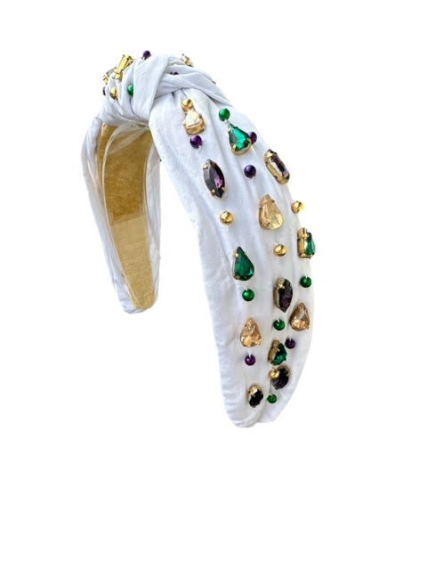 Headband Knot - Mardi Gras White with Rhinestone and Beads