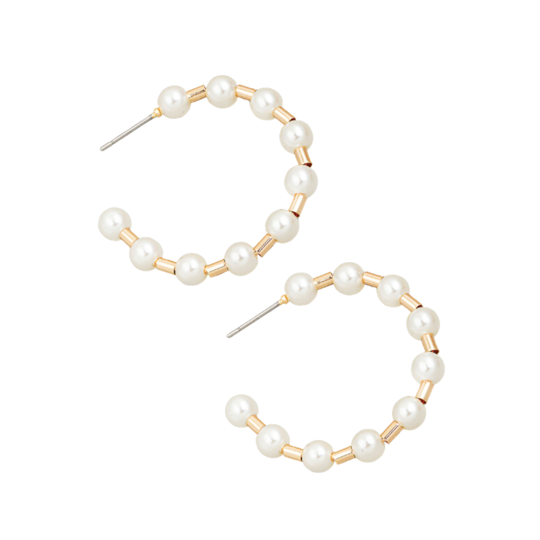 Pearl and Gold Bead Hoop Earrings