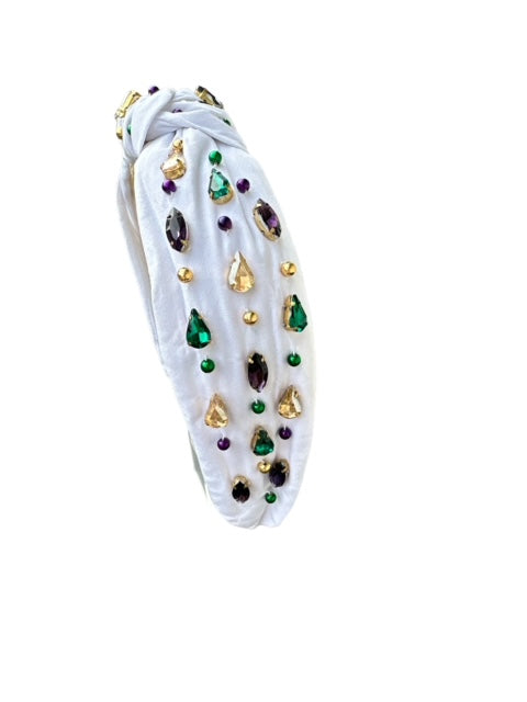 Headband Knot - Mardi Gras White with Rhinestone and Beads