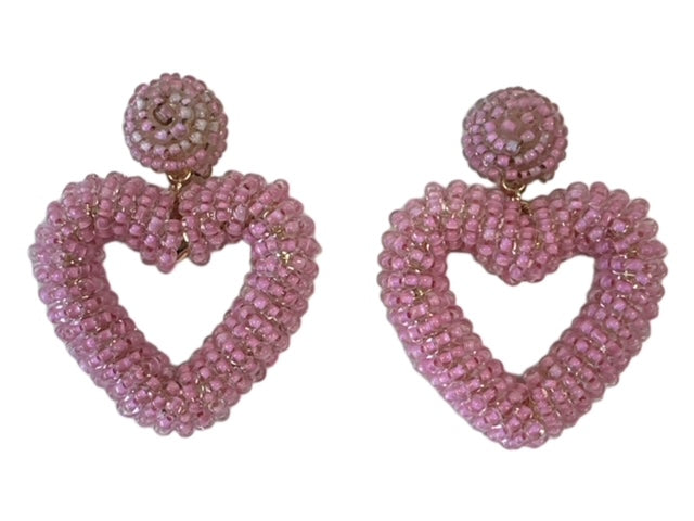 Seed Bead Open Heart Earrings - Light Pink