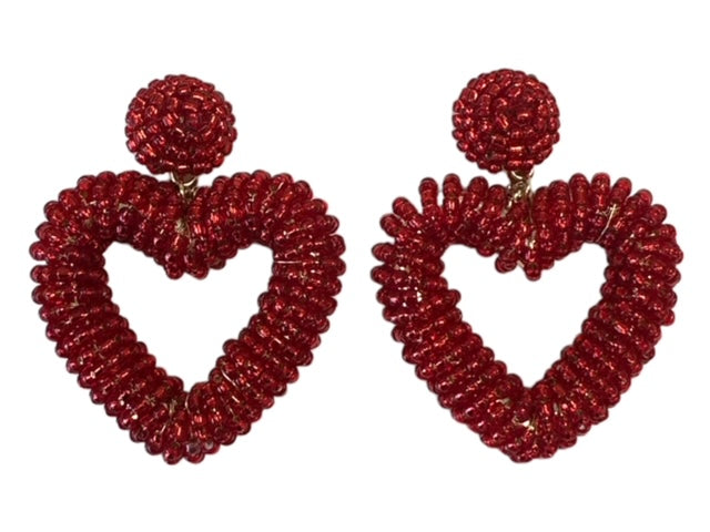 Seed Bead Open Heart Earrings - Red