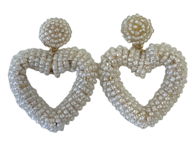 Seed Bead Open Heart Earrings - White
