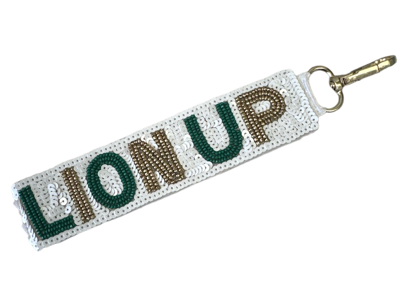 Key Chain - White with Green and Gold Lion Up