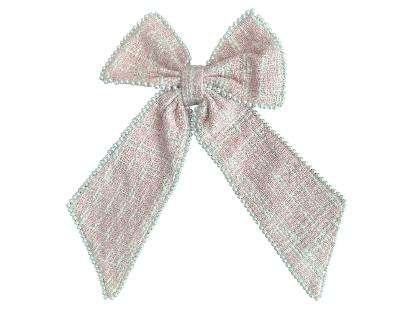 Plaid Tweed Bow with Pearls - Pink