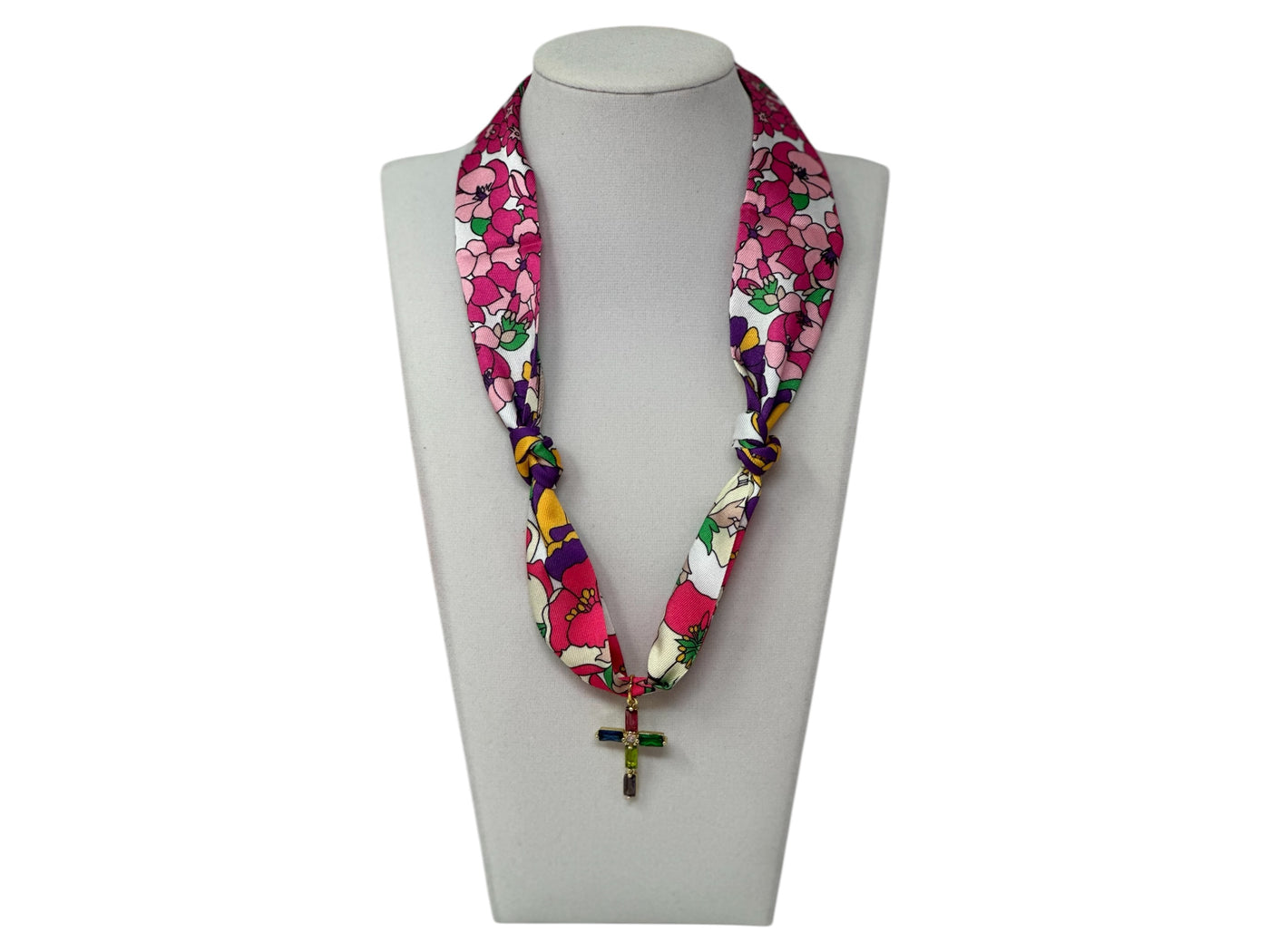 Scarf Charm Necklace - Pink and Purple Multi Flowers with Rhinestone Cross