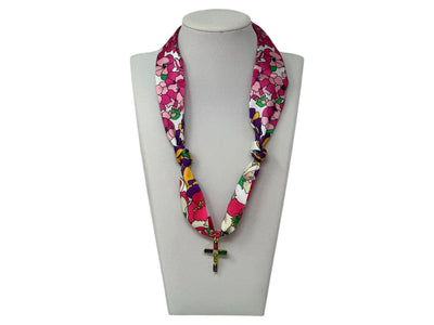 Scarf Charm Necklace - Pink and Purple Multi Flowers with Rhinestone Cross