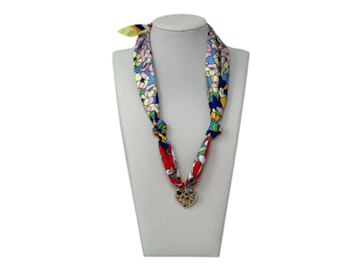 Scarf Charm Necklace - Blue Multi Flower with Multi Rhinestone Heart