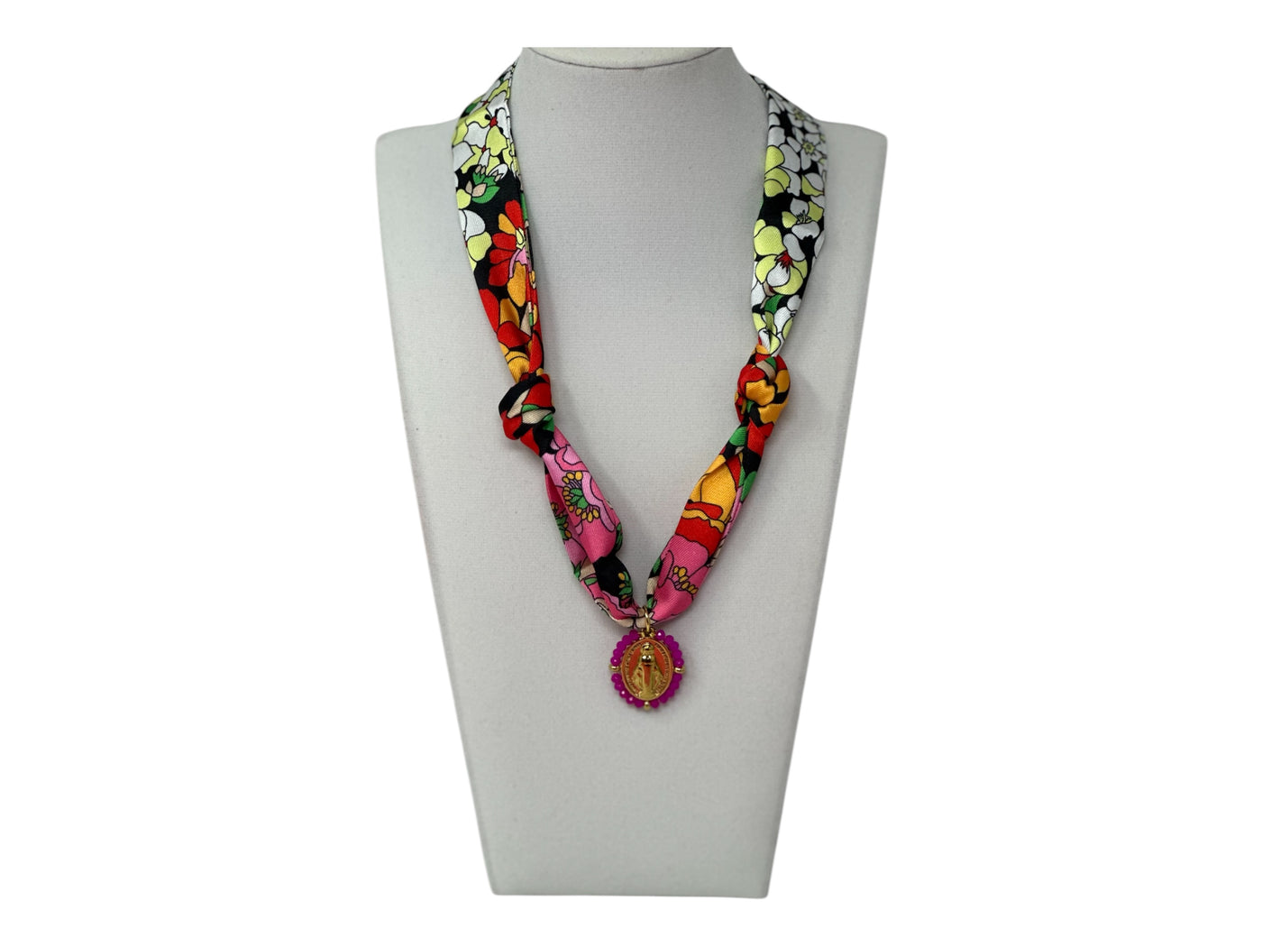 Scarf Charm Necklace - Pink Multi Flower with Mary Pendant with Pink Beads