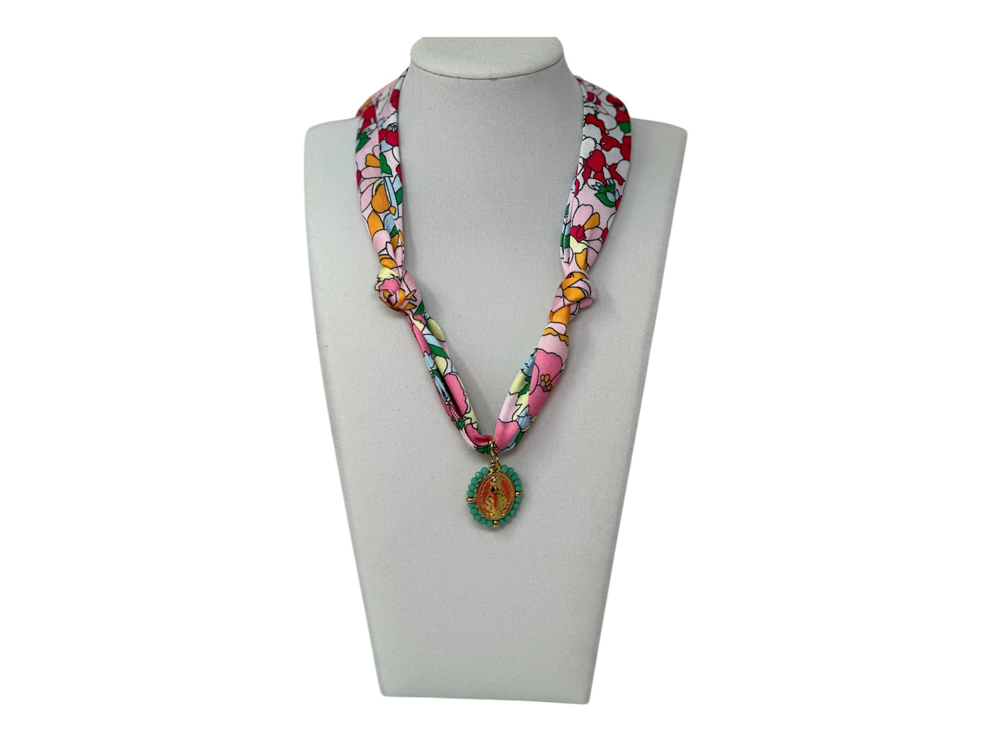 Scarf Charm Necklace - Pink Multi Flower with Mary Pendant with Turquoise