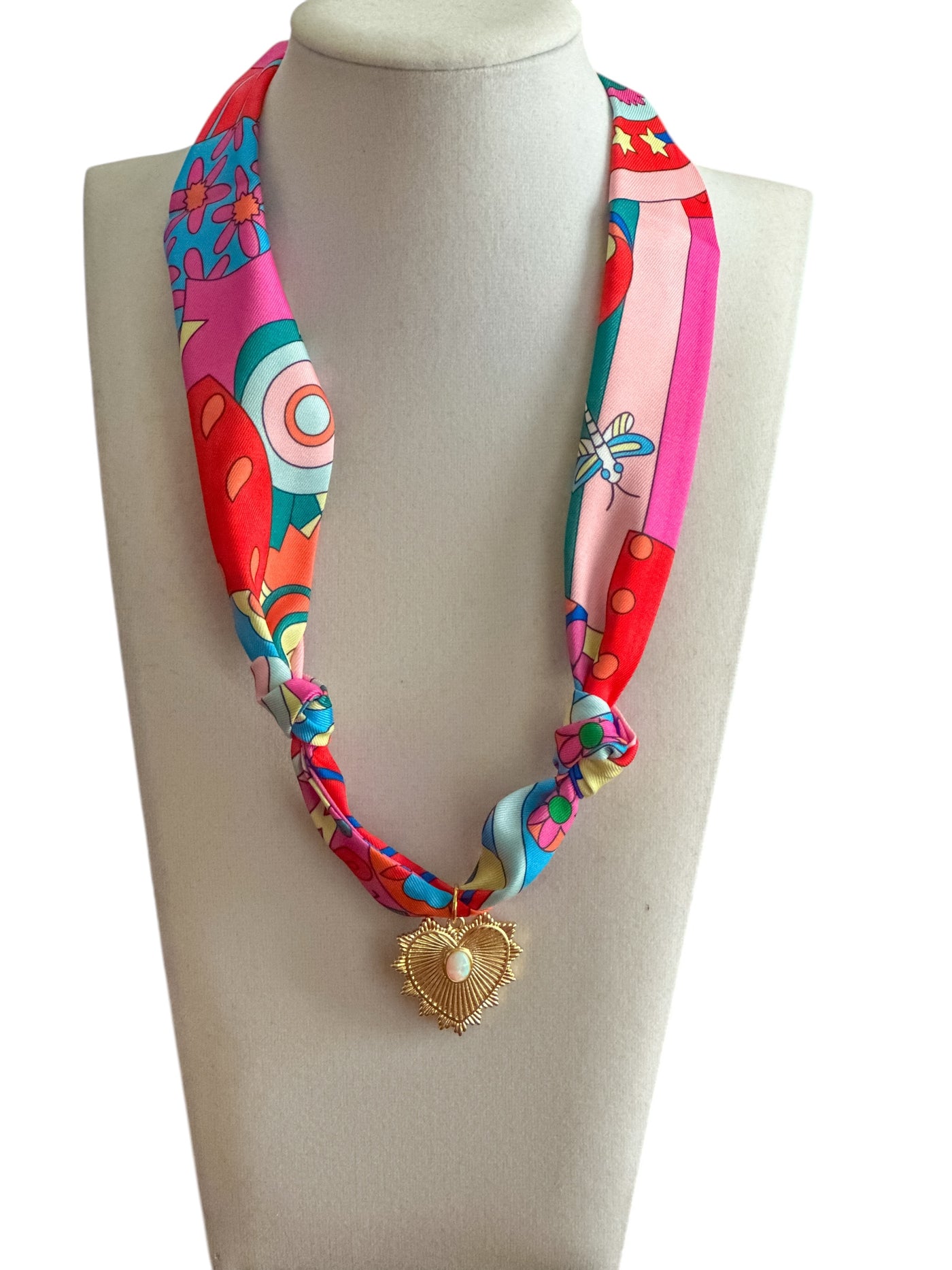 Scarf Charm Necklace - Pink Retro - Gold with Opal Charm