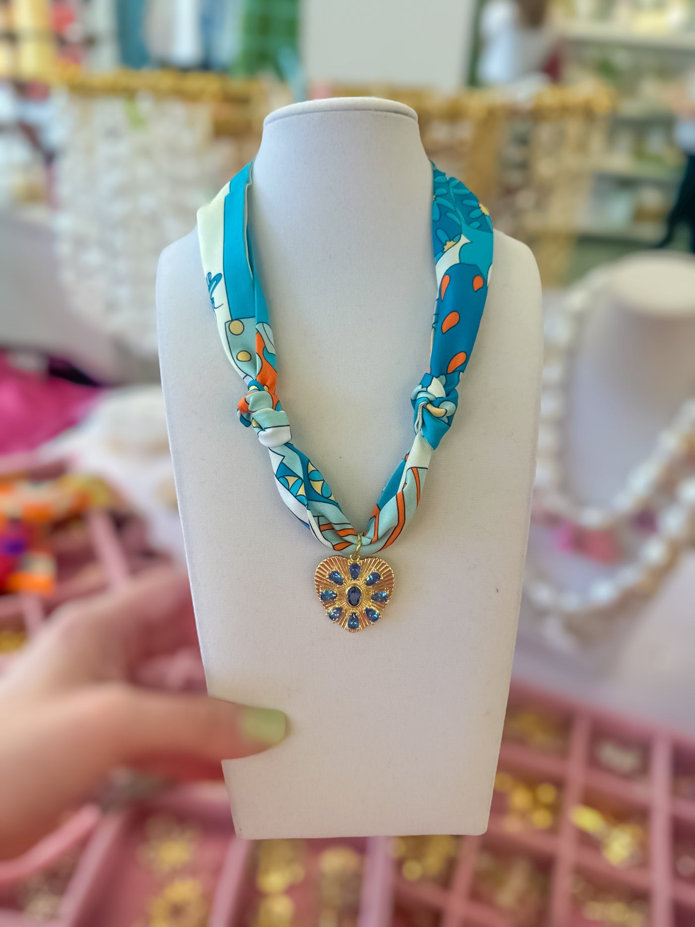 Scarf Charm Necklace - Blue Retro - Blue Rhinestone Heart