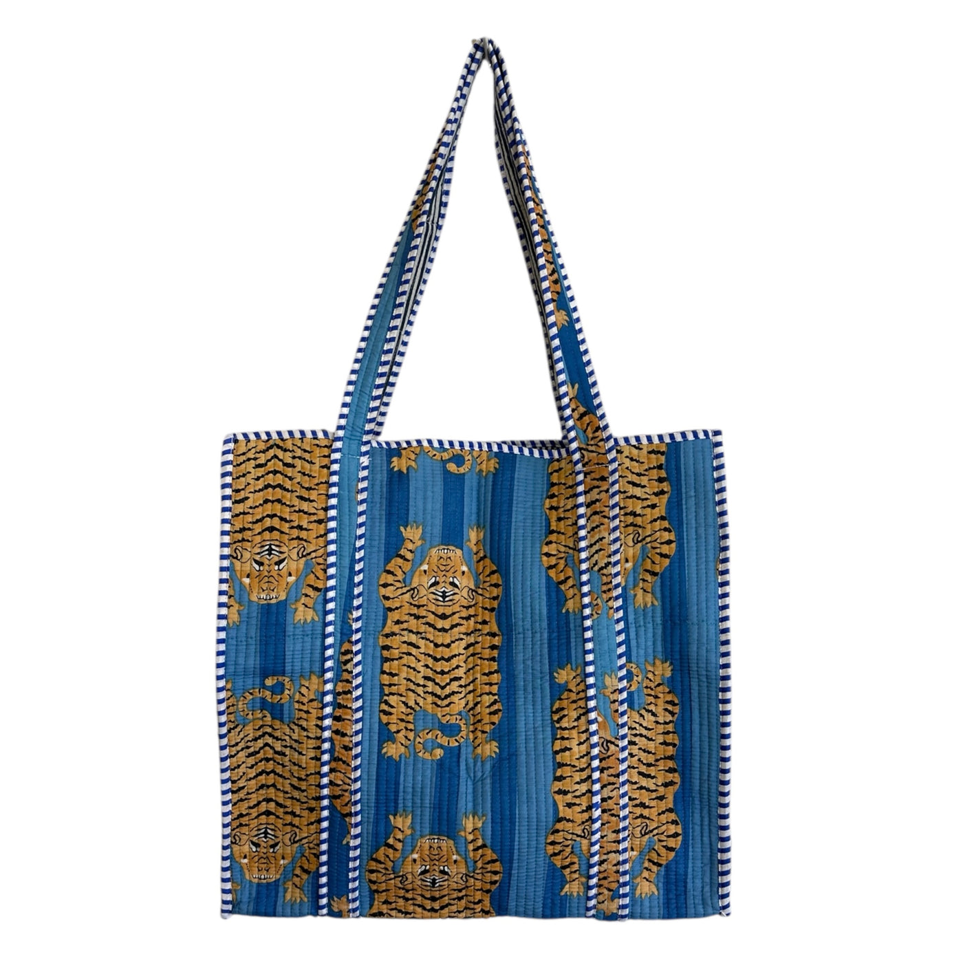 Quilted Block Print Tote - Blue Tiger