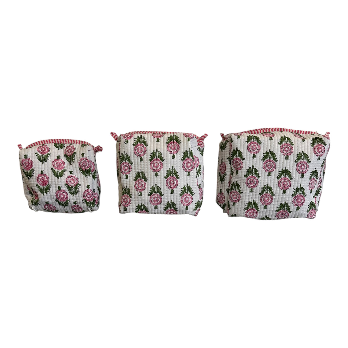 Quilted Block Print Cosmetic Bags  - White and Pink