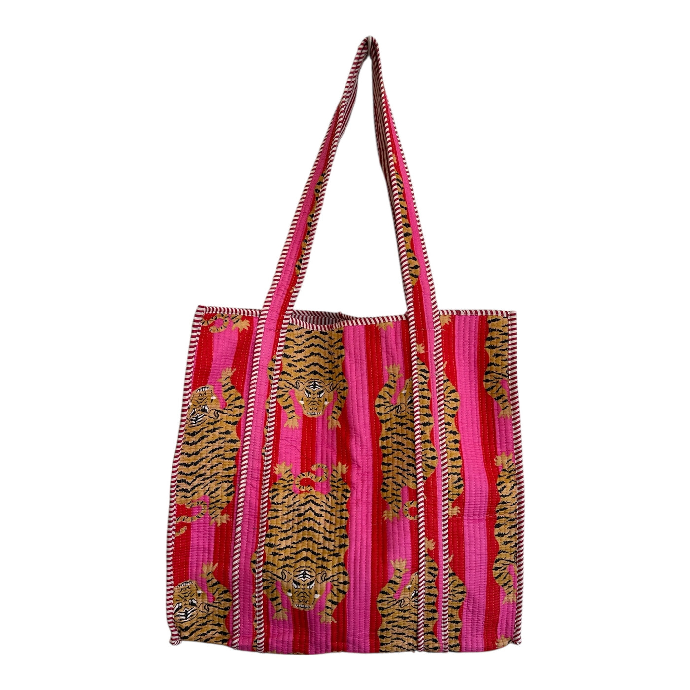 Quilted Block Print Tote - Pink Tiger