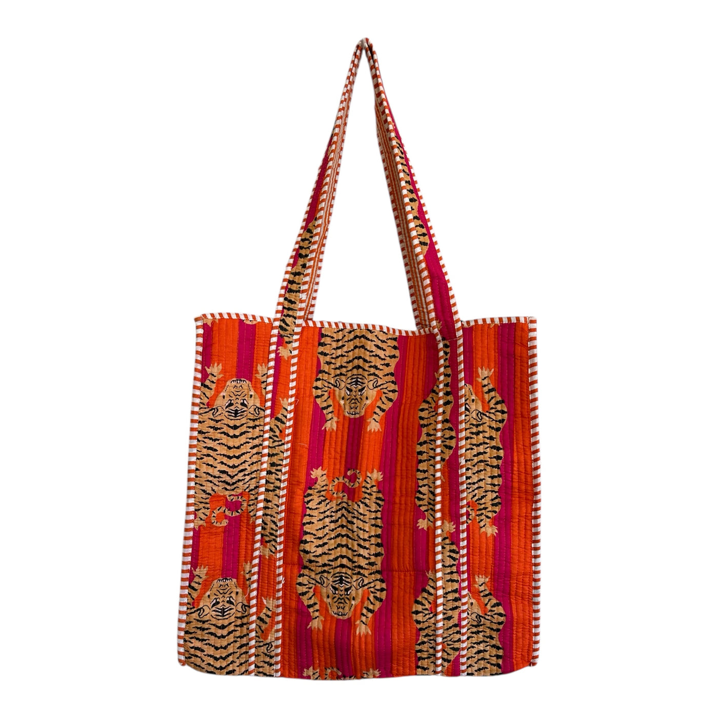 Quilted Block Print Tote - Orange Print