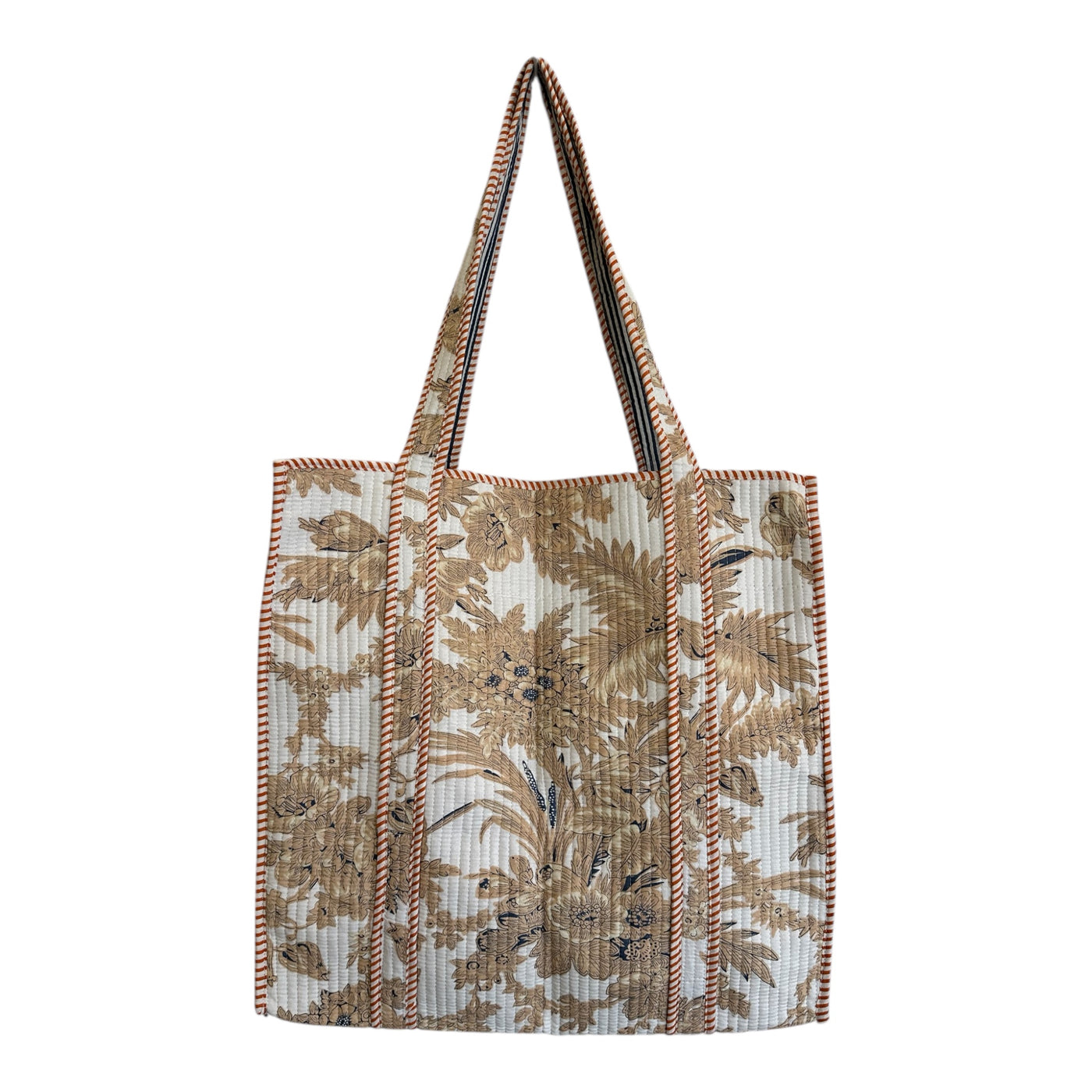Quilted Block Print Tote - Brown and White