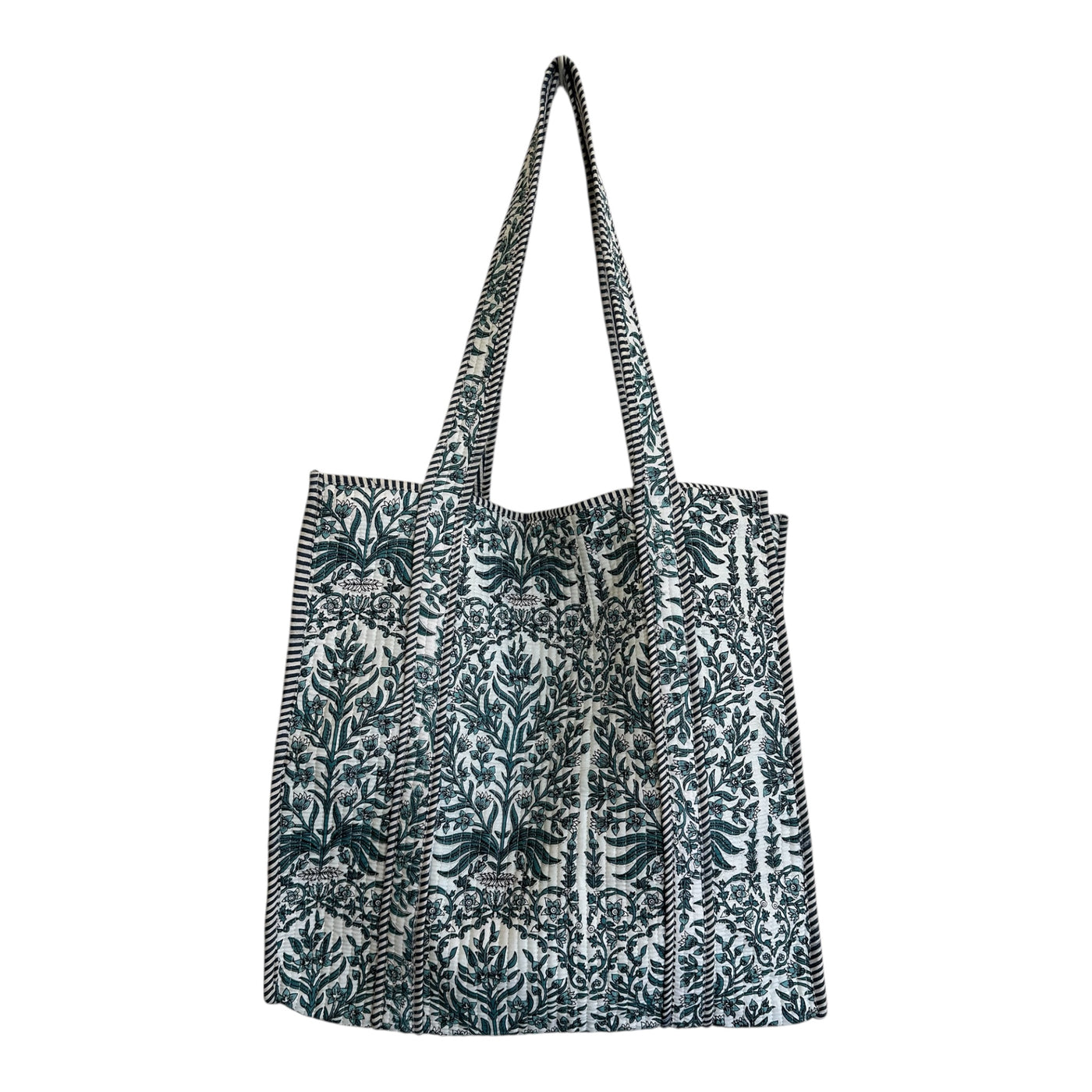 Quilted Block Print Tote - Navy and White