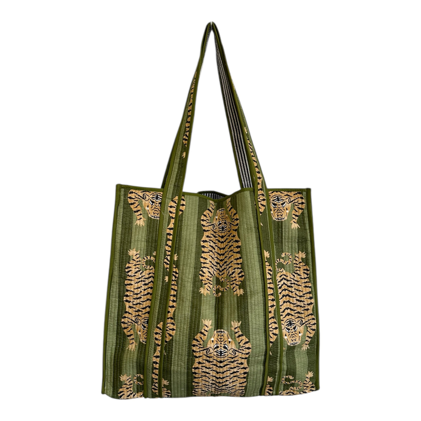 Quilted Block Print Tote - Green Tiger