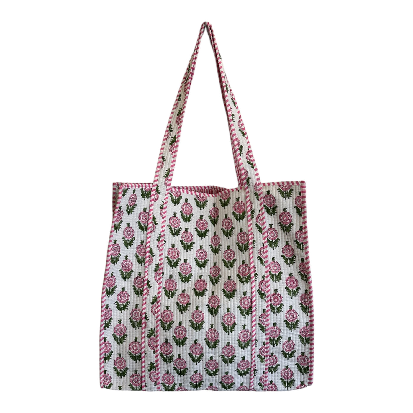 Quilted Block Print Tote - White and Pink Floral