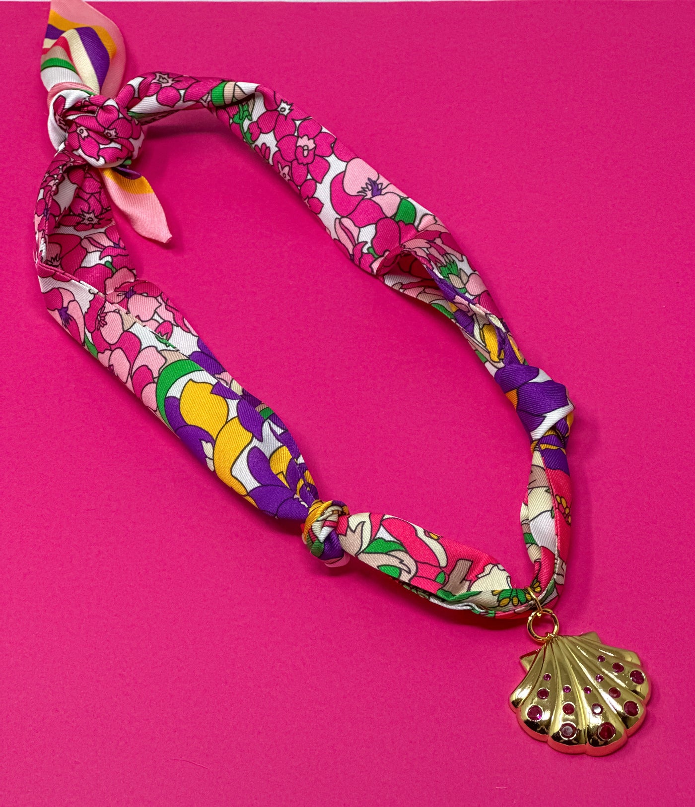 COMING BACK SOON! Scarf Charm Necklace - Pink and Purple Multi Flowers with Shell Charm