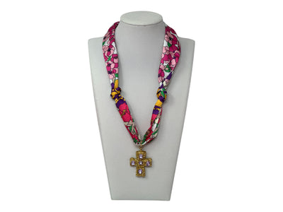 Scarf Charm Necklace - Pink Scarf Necklace with Purple Rhinestone Cross