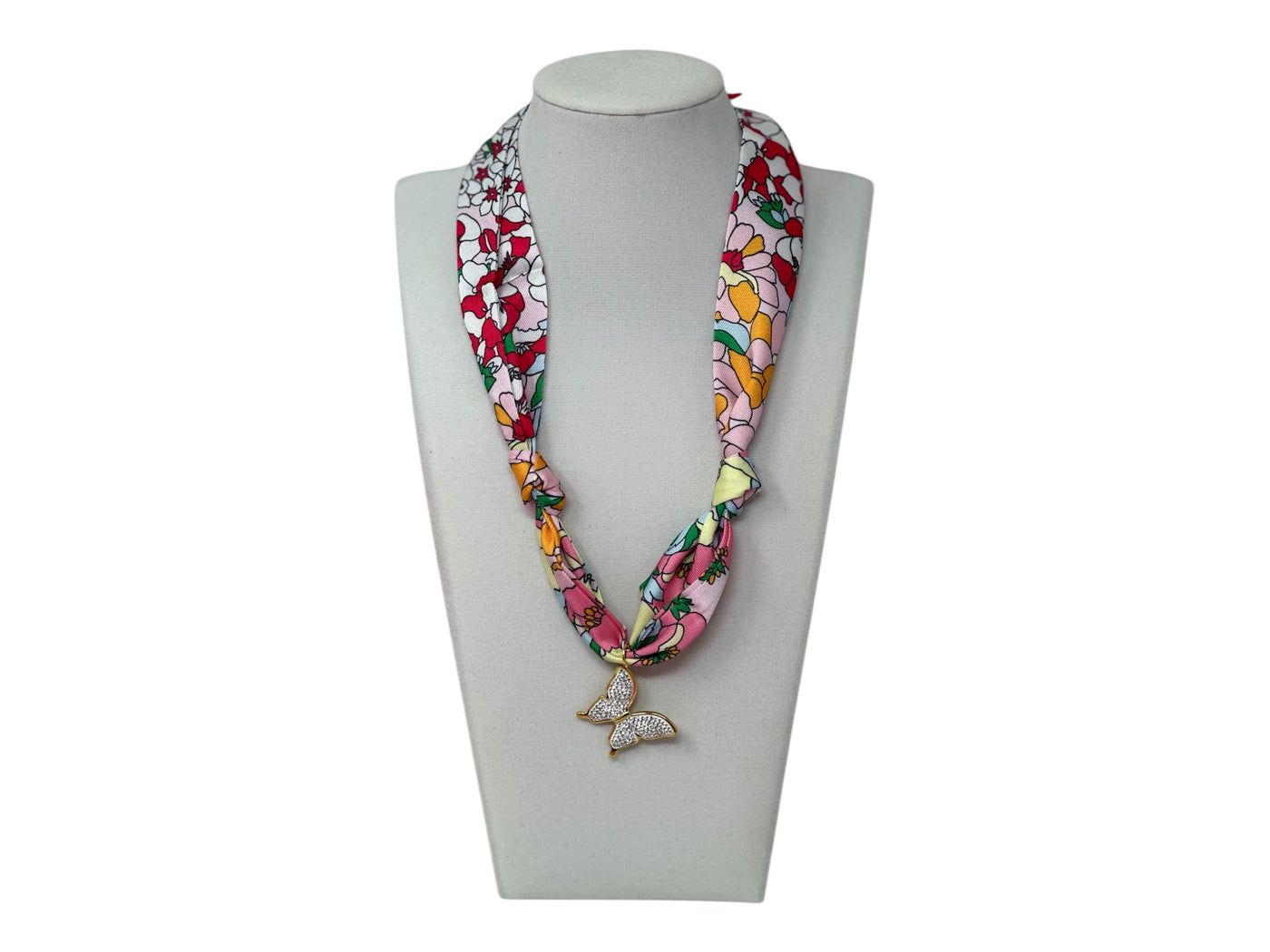 Scarf Charm Necklace -Pink Multi with Rhinestone Butterfly