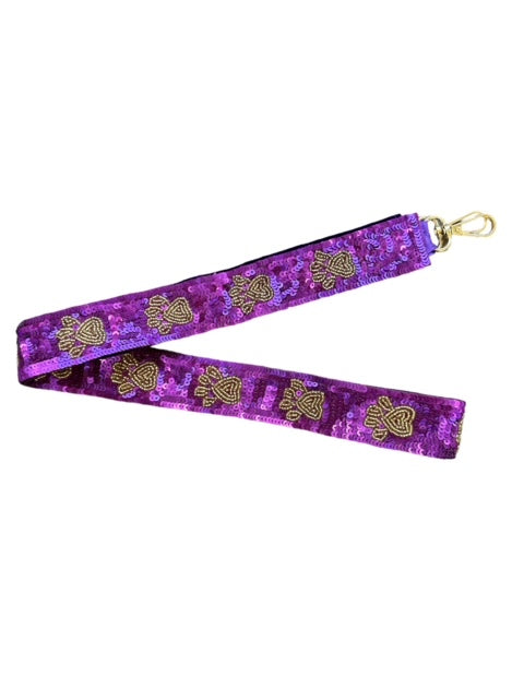Sequin Seed Bead Bag Strap - Purple with Gold Paw