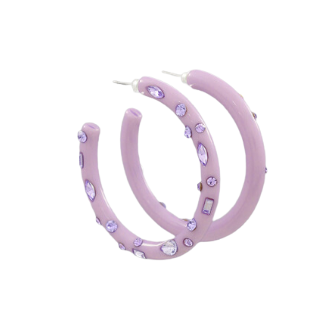 Acrylic with Rhinestone Hoop Earrings - Purple
