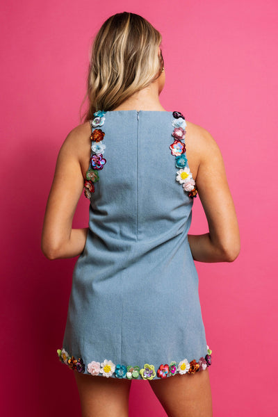 Queen of Sparkles - Denim Flower Sequin Dress
