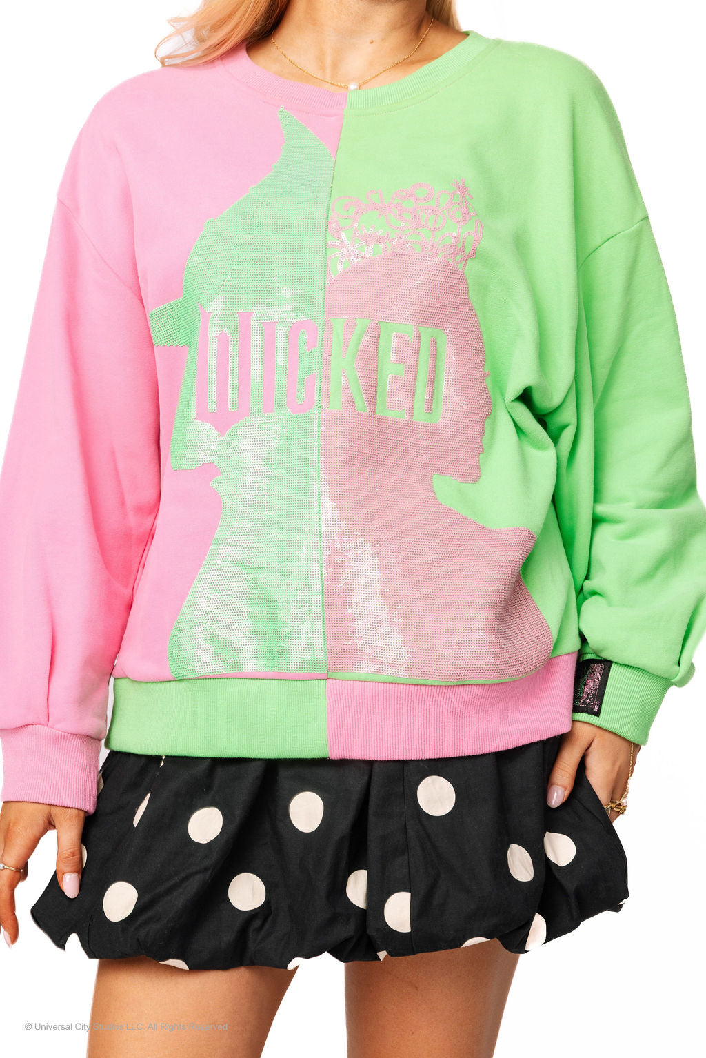 Queen of Sparkles X Wicked Licensed Green and Pink Colorblock Character Profile Sweatshirt