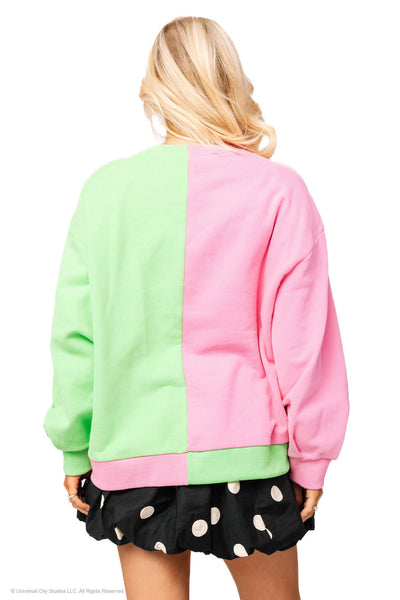 Queen of Sparkles X Wicked Licensed Green and Pink Colorblock Character Profile Sweatshirt