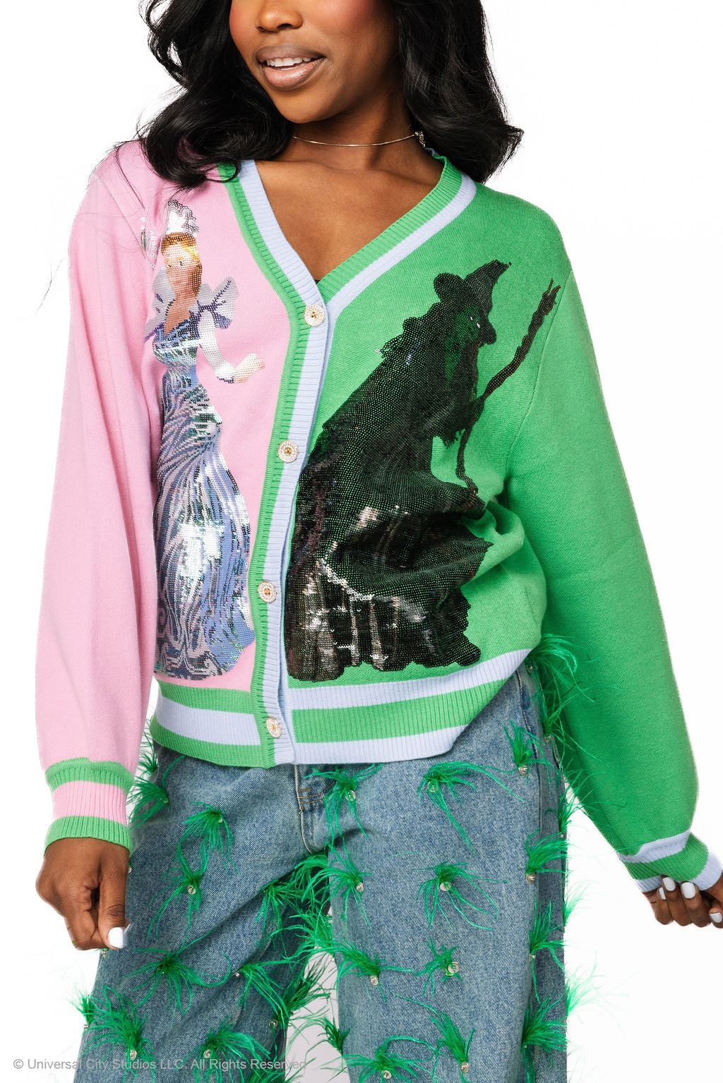 Queen of Sparkles X Wicked Licensed Colorblock Glinda & Elphaba Button Up Cardigan