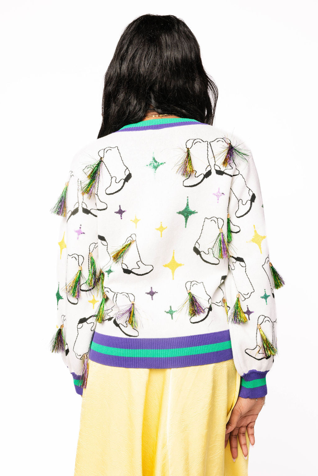 Queen of Sparkles - Button Up Green & Purple Trim Mardi Gras Boots with Tinsel Cardigan