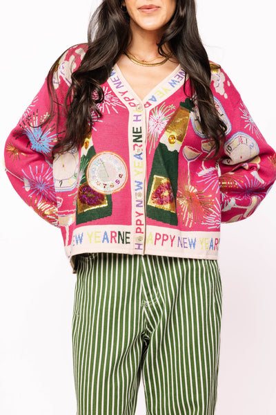 Queen of Sparkles - Hot Pink NYE Icon Cardigan With 'Happy New Year' Trim
