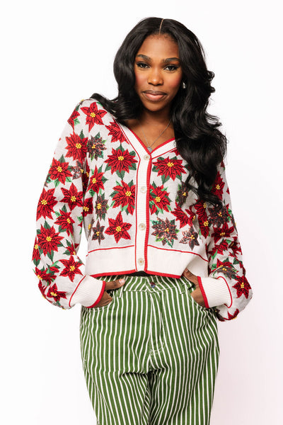 Queen of Sparkles - White & Red Poinsettia Button Up Cardigan