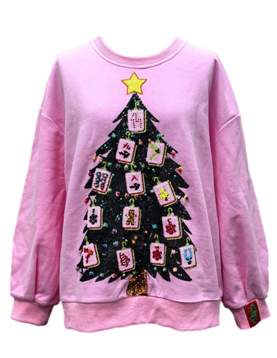 Queen of Sparkles Mahjong Christmas Tree Sweatshirt featuring sequin Mahjong tile tree design on cozy holiday sweatshirt.