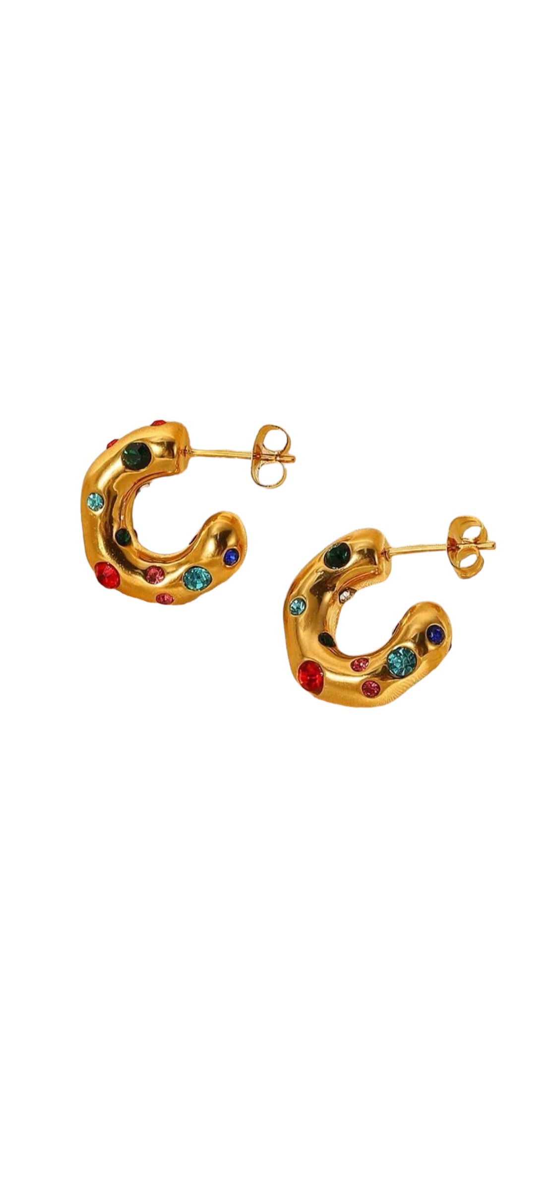 Gold Huggie with Rainbow Rhinestone Earrings