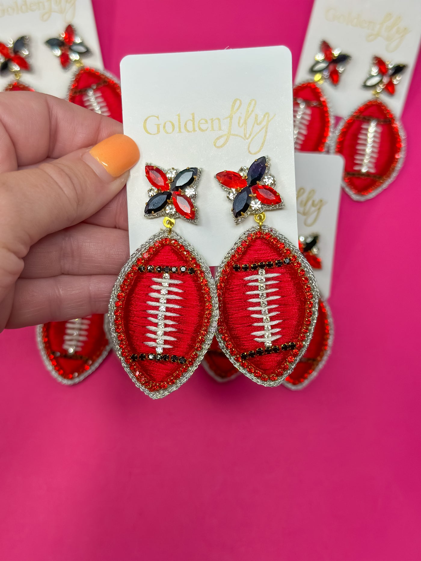 Football Thread Dangle Earrings - Red and Black